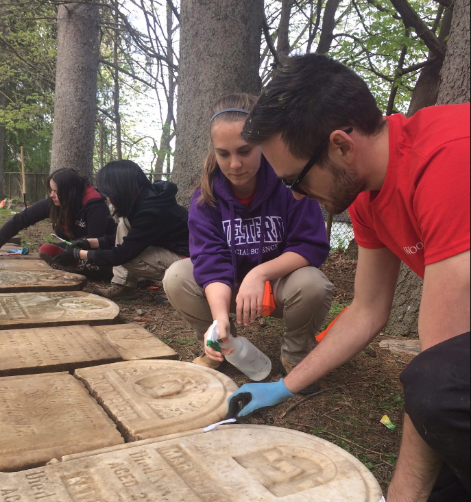 Western students (from foreground to background) Piotr Dobrzynski, Alyssa Szilagyi, Sunny Kim and MacKenzie Brash at work unearthing headstones at Woodland Cemetery.
