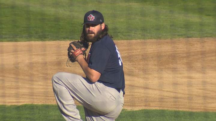 Winnipeg Goldeyes pitcher Zach Nuding throws to the plate in the club's exhibition opener.