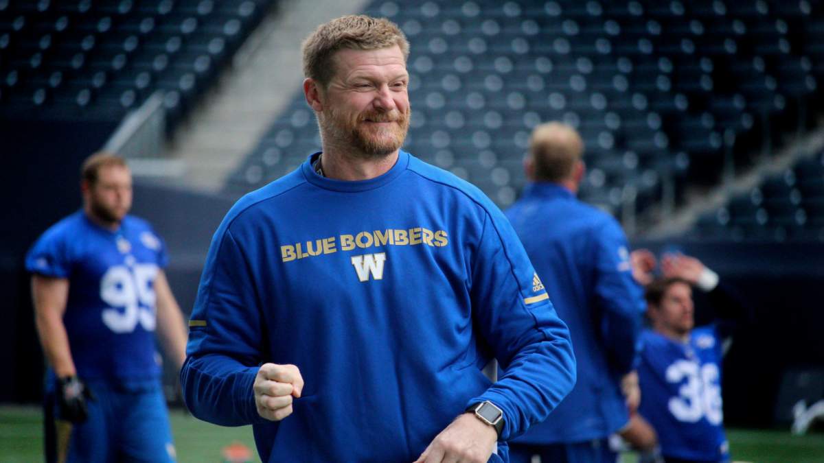 Blue Bombers head coach Mike O’Shea during practice.