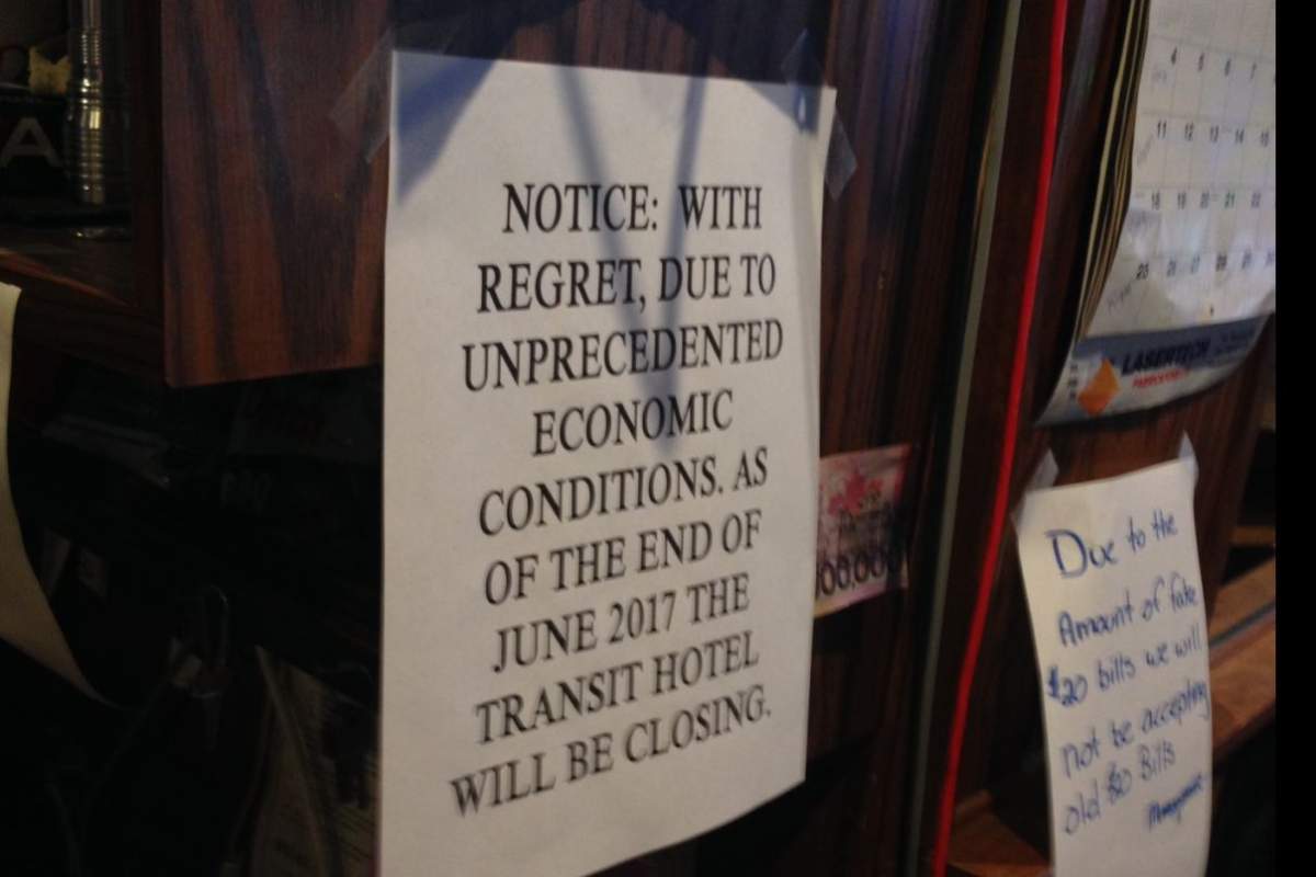 A notice posted at the Transit Hotel in Edmonton on June 7, 2017.