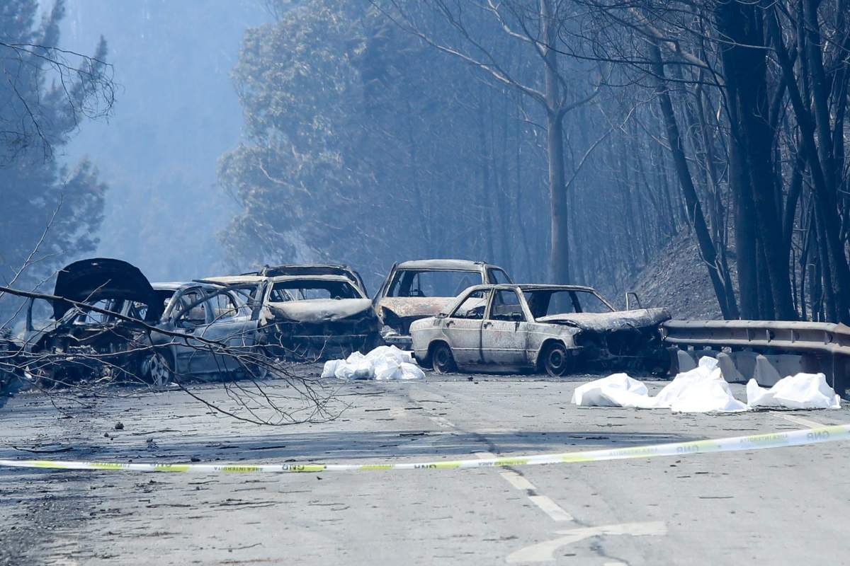 Burnt cars and body bags on the N236 road between Figueiro dos Vinhos and Castanheira de Pera, near Pedrogao Grande, central Portugal, 18 June 2017.