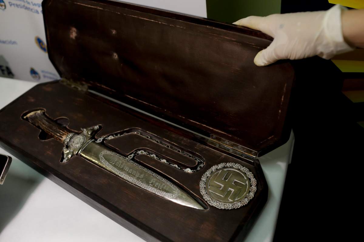 A knife with Nazi markings is seen at the Interpol headquarters in Buenos Aires, Argentina, Friday, June 16, 2017.