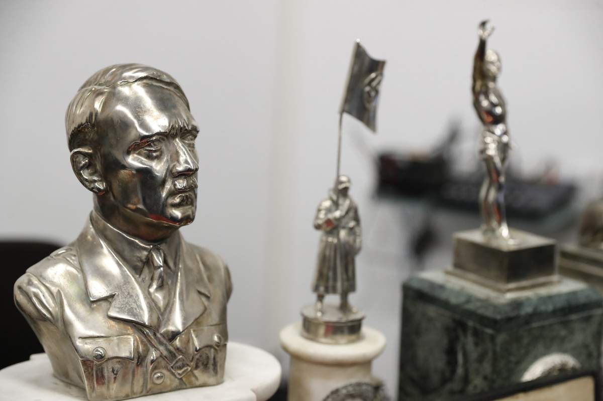 Detail of artifacts bearing Nazi symbols that were recovered by the Argentine Federal Police (PFA), displayed during an event at the headquarters of the Delegation of Argentinean Israeli Associations (DAIA) in Buenos Aires, Argentina, 19 June 2017.
