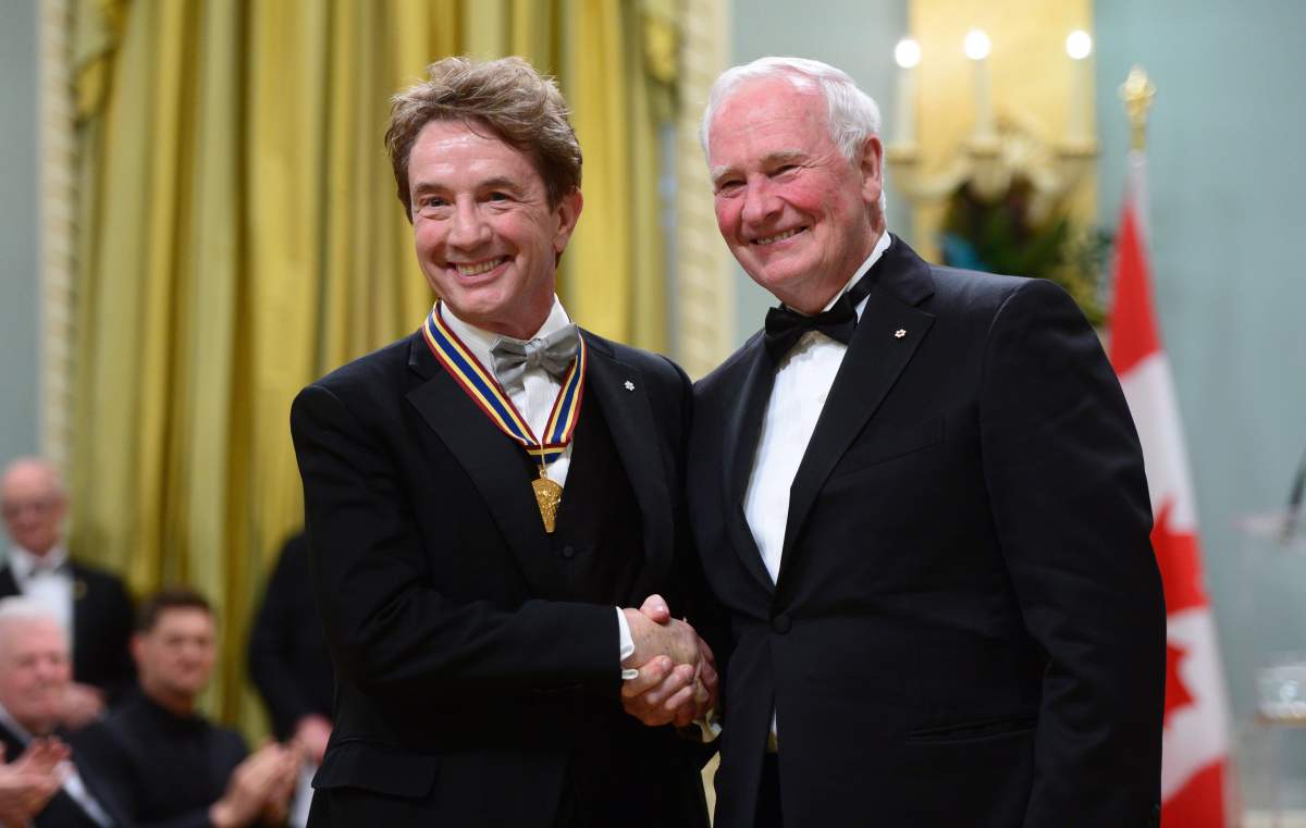 Governor General David Johnston presents Martin Short with the Lifetime Artistic Achievement (Broadcast) award during the Governor General’s Performing Arts Awards ceremony at Rideau Hall in Ottawa on Wednesday, June 28, 2017.