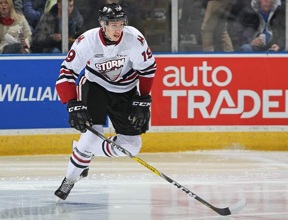 LONDON, ON - MARCH 9:  Isaac Ratcliffe #19 of the Guelph Storm skates against the London Knights during an OHL game at Budweiser Gardens on March 9, 2017 in London, Ontario, Canada. The Knights defeated the Storm 8-2. (Photo by Claus Andersen/Getty Images).