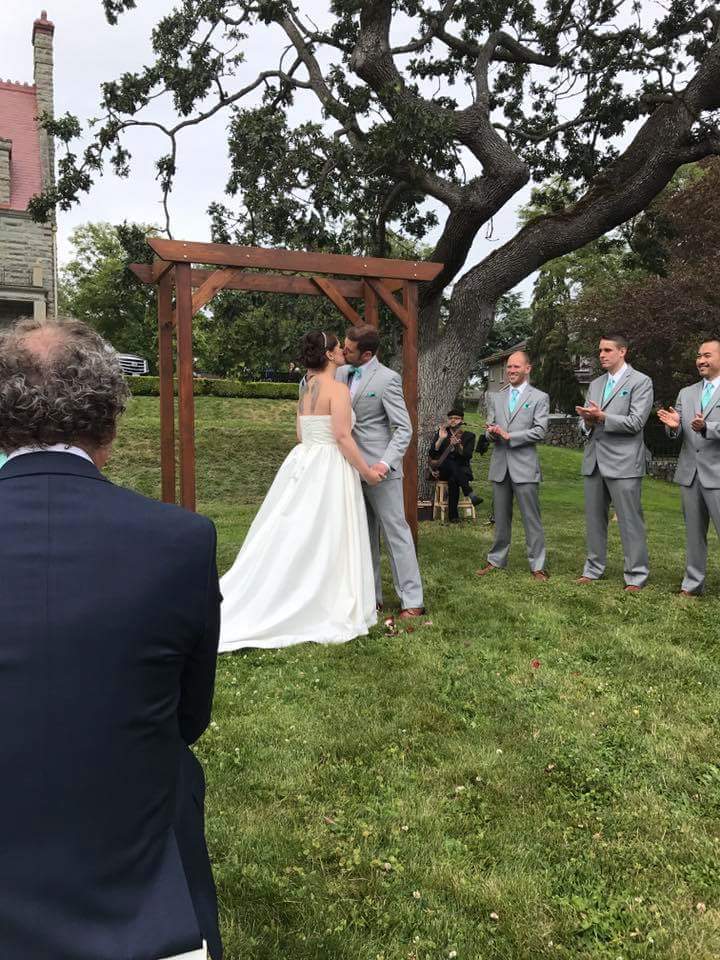 Dan Hofman built the couple’s wedding arbour with help from his cousin. Now the couple is hoping to help others save by renting it on Facebook.