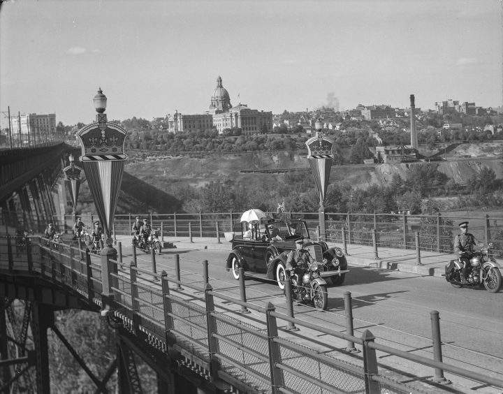 King George and Queen Elizabeth making their way to the Alberta Legislature on their Royal Tour of Canada. June 2, 1939