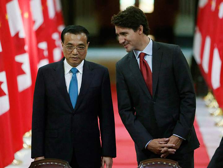 Chinese Premier Li Keqiang and Prime Minister Justin Trudeau pictured on Parliament Hill in Ottawa, Thursday, September 22, 2016.