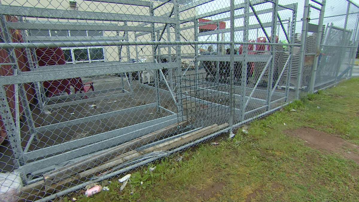 The kayaks were stolen from these racks in the Canadian Tire garden centre. The thieves cut through the fence though it has since been repaired.