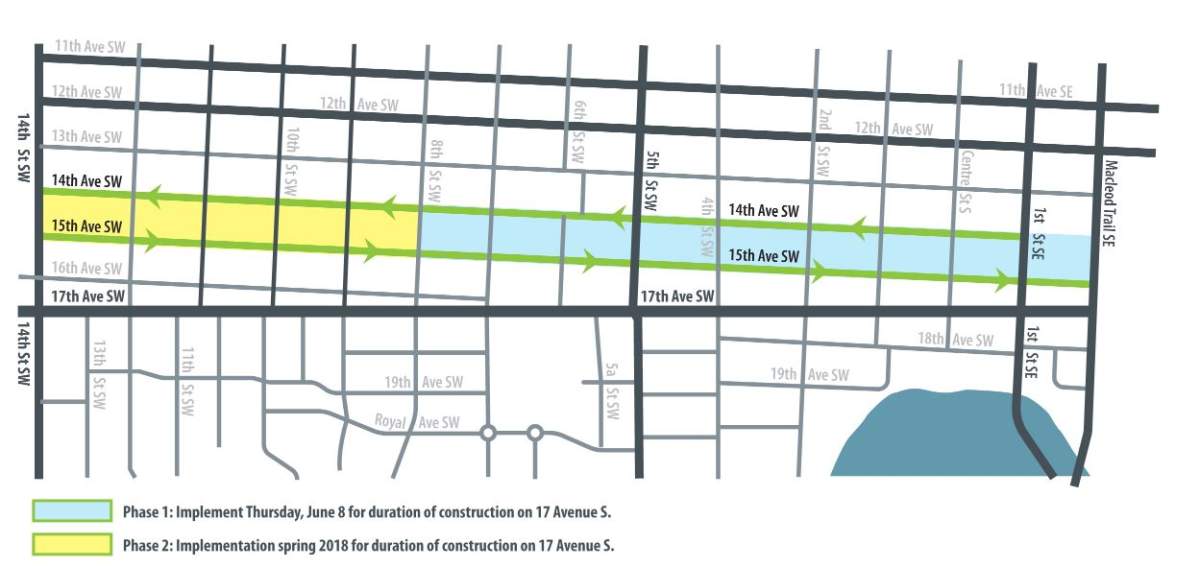 The location and estimated duration of one-way traffic on 14 and 15 Avenue S.W.