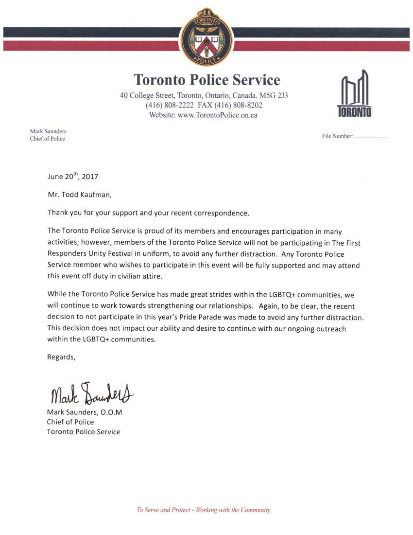 Letter from Toronto Police Chief Mark Saunders to the First Responders Unity Festival Organizers advising of the Police Services non-participation.