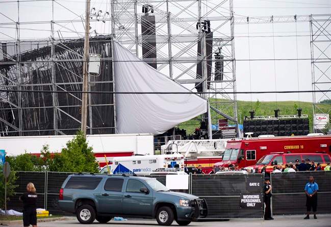 Emergency personnel on scene near a collapsed stage at Downsview Park in Toronto on Saturday, June 16, 2012.
