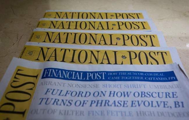 Postmedia-owned newspaper National Post are displayed. Postmedia is reportedly putting its relationship with Mainstreet Research “on hold.”.