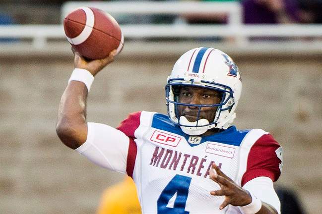 Quarterback Darian Durant throws a pass during a CFL pre-season game between the Montreal Alouettes and the Ottawa Redblacks in Montreal on June 15, 2017.