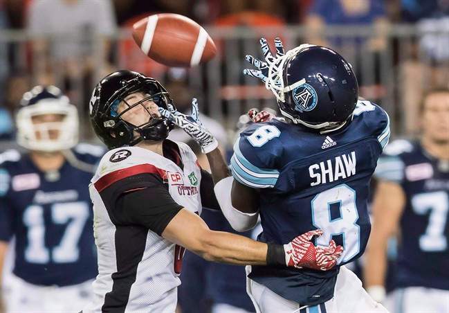 Toronto Argonauts Kenny Shaw (8) has a pass broken up by Ottawa Redblacks' Antoine Pruneau during the second half of CFL football action in Toronto, Wednesday July 13, 2016.
