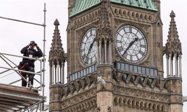 A police officer surveys the grounds in front of Parliament in Ottawa Wednesday, June 29, 2016. 