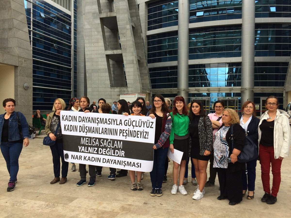 Sağlam, her family, and other protesters gather outside a police station in Istanbul on June 19.