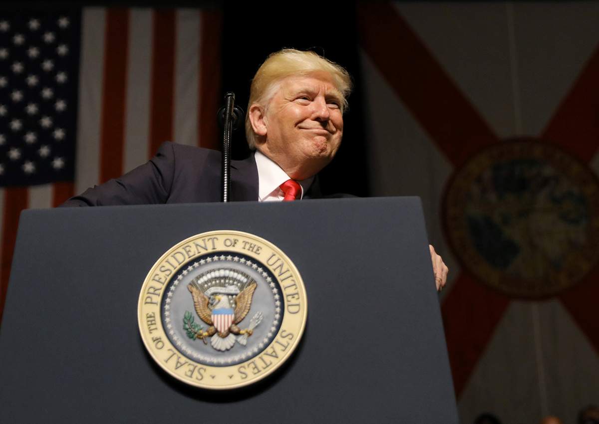 U.S. President Donald Trump arrives to deliver a speech on US-Cuba relations.