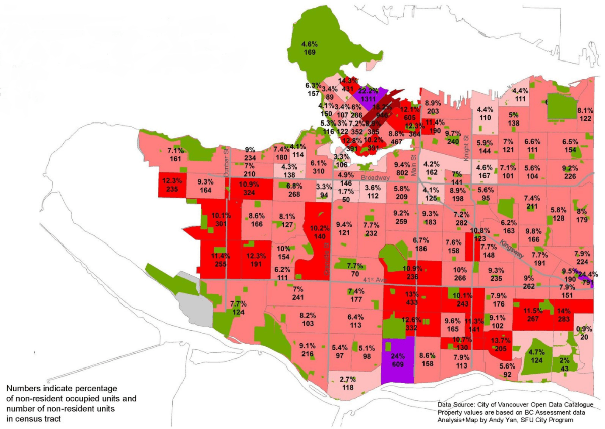 This map shows the percentage of private dwellings not occupied by usual residents by Census tract in the City of Vancouver last year.