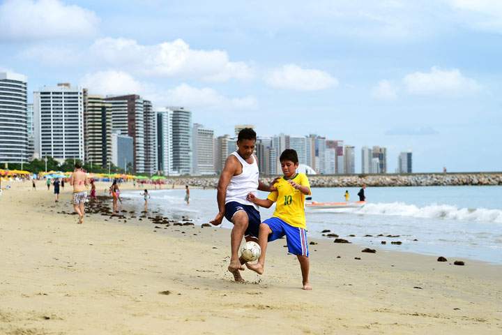 A father and son play