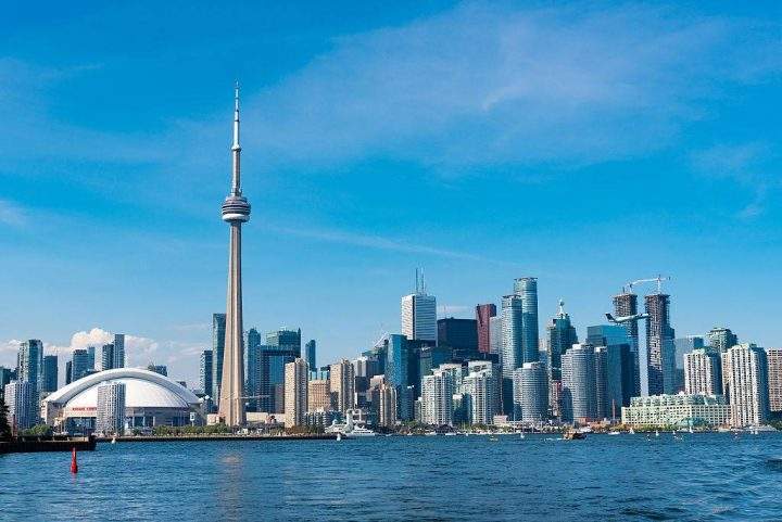 CN tower in Toronto skyline seen from Lake Ontario.
