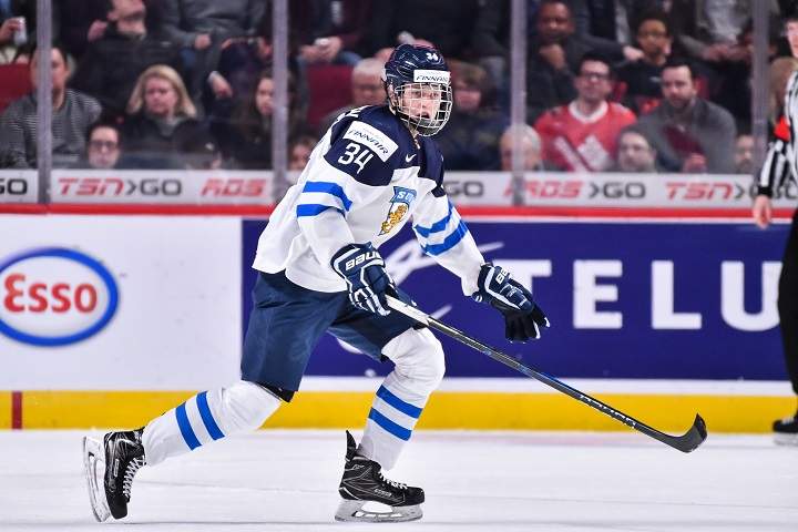 Kristian Vesalainen of Team Finland skates during a 2017 IIHF World Junior Championship preliminary round game against Team Sweden on December 29, 2016.