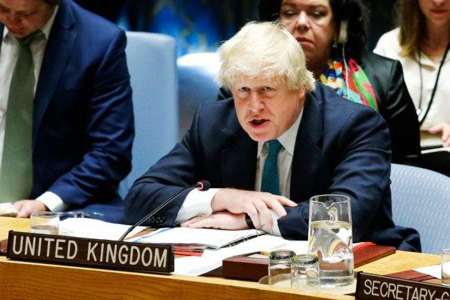 British Foreign Minister Boris Johnson speaks at a United Nations Security Council meeting in New York City, April 28, 2017.