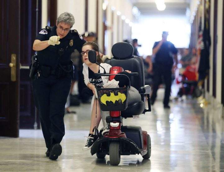 Members of a group with disabilities were protesting the proposed GOP health care plan that was unveiled June 22, 2017.