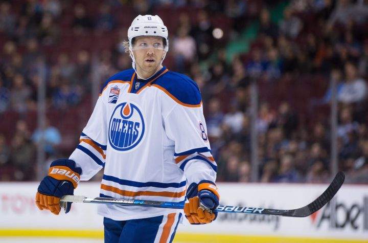 Edmonton Oilers' Griffin Reinhart looks on during the first period of a pre-season NHL hockey game against the Vancouver Canucks in Vancouver, B.C., on Wednesday September 28, 2016. 
