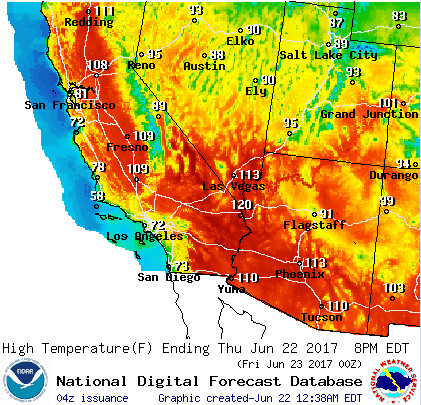 A graphical forecast by the U.S. National Weather Service shows how hot it's been in the U.S. Southwest.