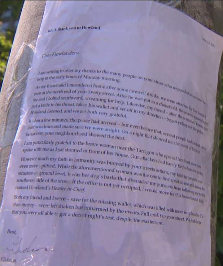 A copy of Gideon Scanlon\'s letter posted on Howland Avenue.