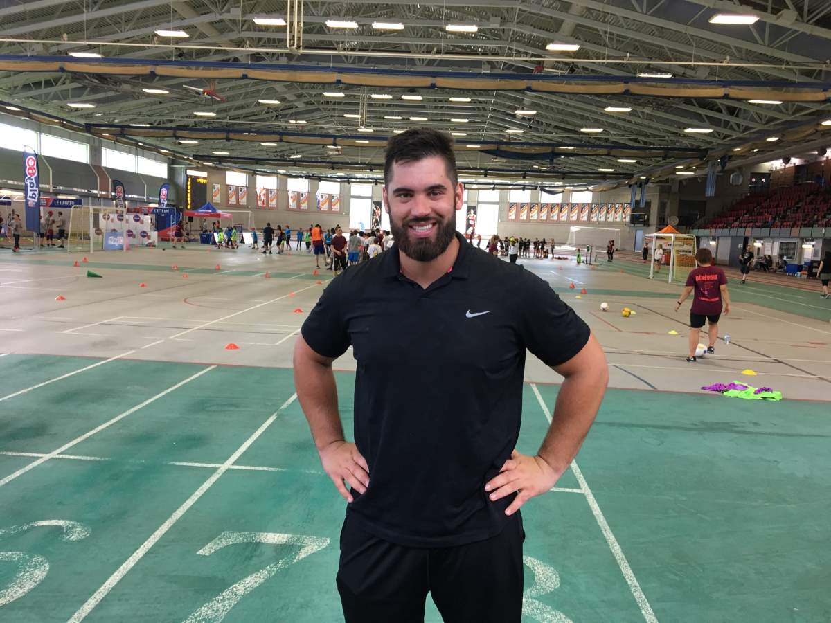 Montreal-born NFL star Laurent Duvernay-Tardif at McGIll University's Tomlinson Fieldhouse. June 20, 2017.