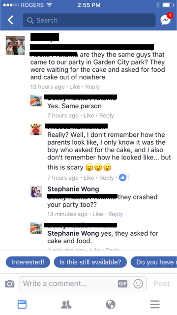 Screenshots responding to a report of alleged birthday party crashers.
