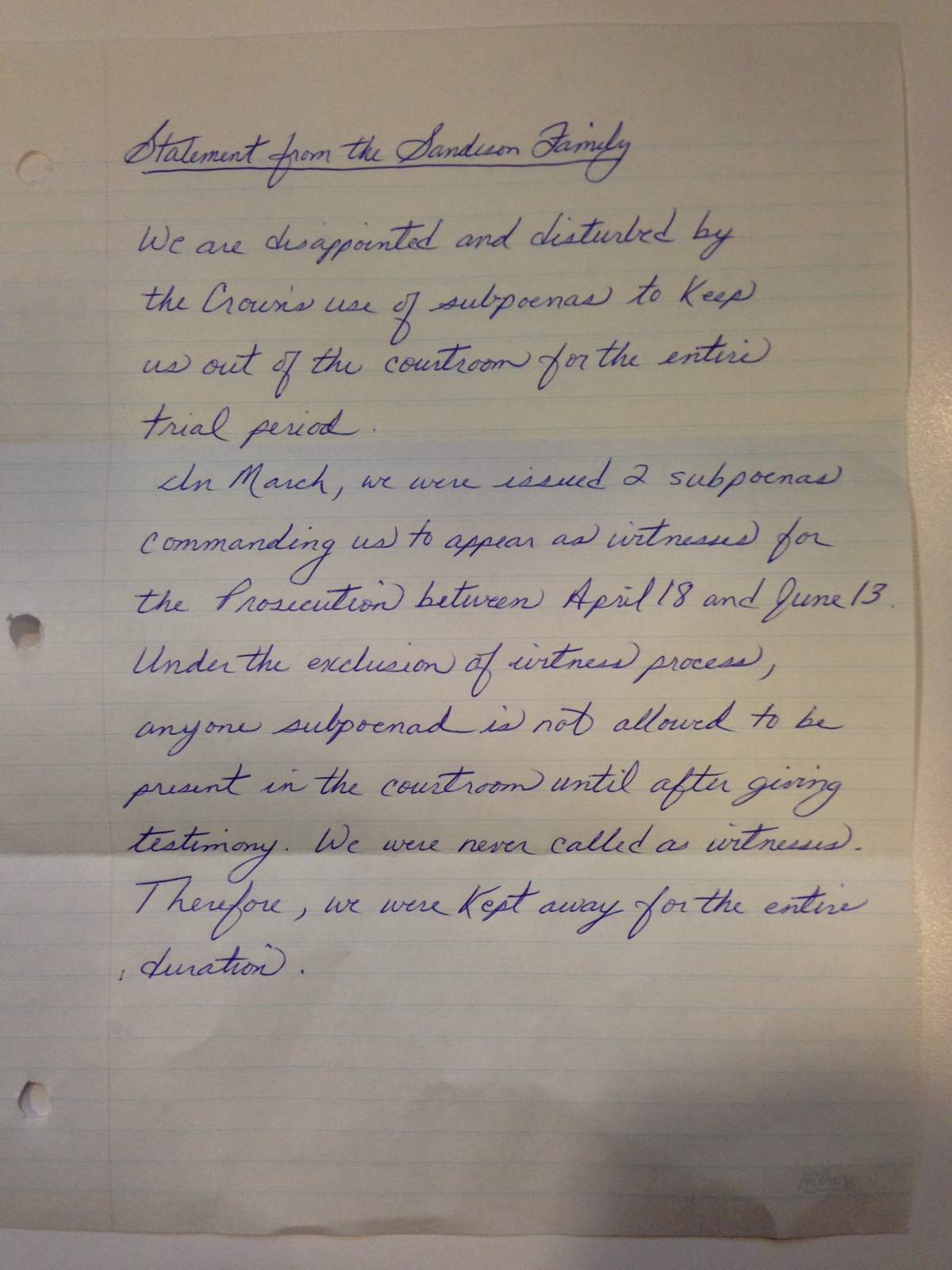 Here is the full statement from the Sandeson family.