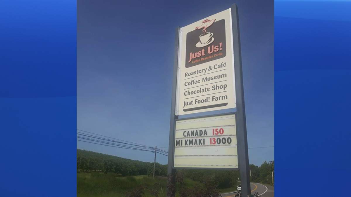 The road sign message put up by Just Us Coffee ahead of Canada's 150th Birthday. 