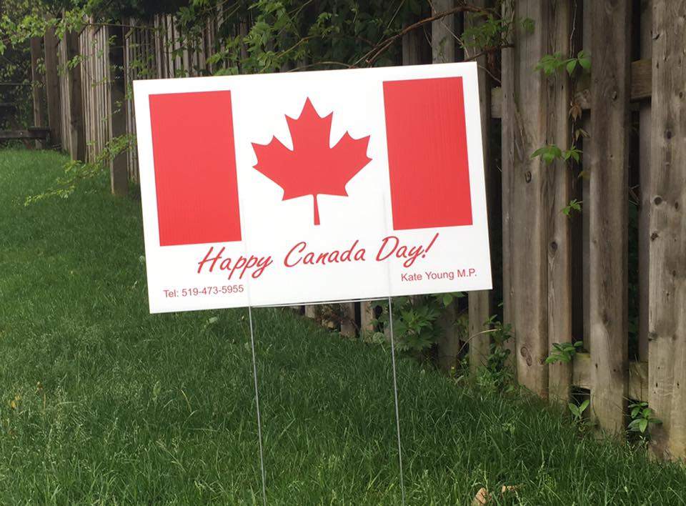 A Canada Day lawn sign adorns a boulevard in the London-West riding.