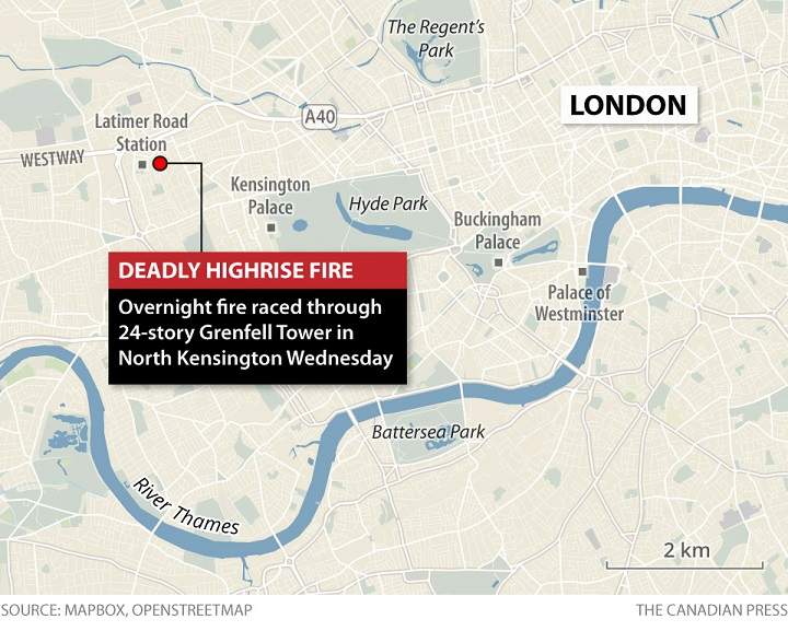Map showing the location of a deadly overnight fire that raced through a 24-story apartment tower in London, England, on Wednesday, killing at least six people and injuring 74 others.
