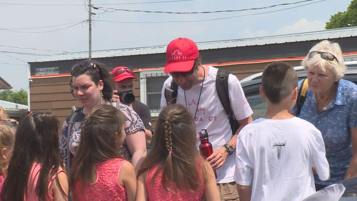 Crew members of the Canada C3 Exhibition meet students at Karihwanoron Mohawk Immersion School in Kahnawake. June 12, 2017.