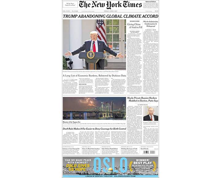 Newspaper front pages day after Donald Trump pulls U.S. out of Paris climate agreement - image