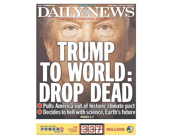 Newspaper front pages day after Donald Trump pulls U.S. out of Paris climate agreement - image
