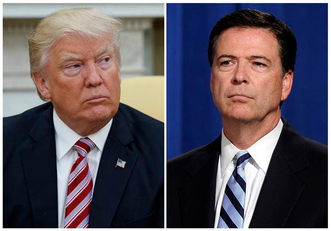 In this combination photo, President Donald Trump, left, appears in the Oval Office of the White House in Washington on May 10, 2017, and FBI Director James Comey appears at a news conference in Washington on June 30, 2014.