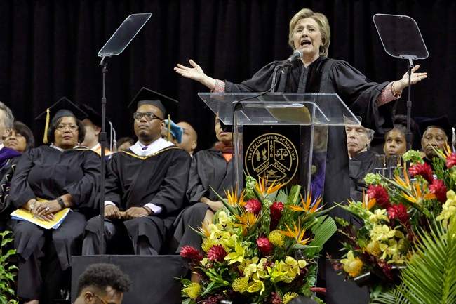 In this file photo, Hillary Clinton delivers the commencement address to Medgar Evers College graduates.