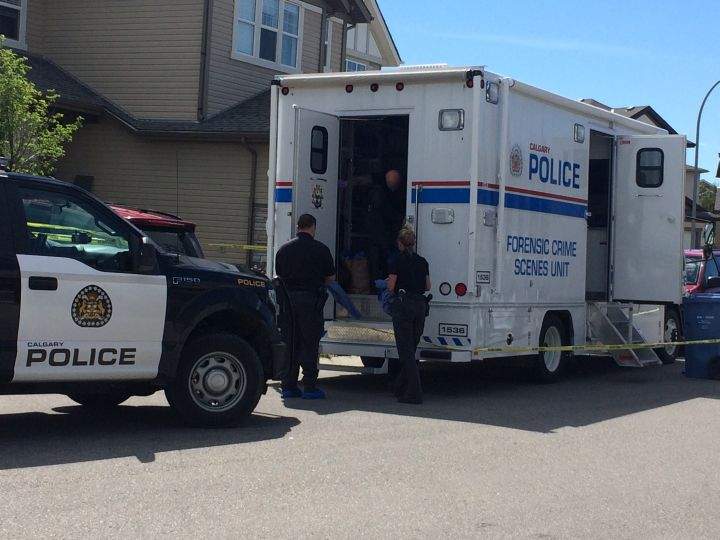 The Calgary police forensic crime scene unit is seen at the scene of a homicide investigation in Panorama Hills on Sunday.