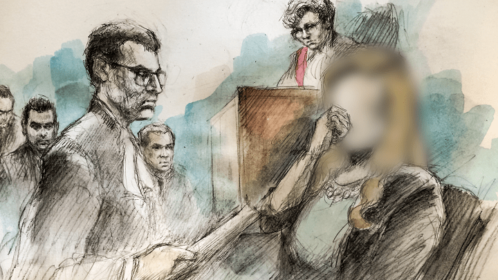 In this artist's sketch, Crown attorney Ted Ofiara (left foreground) questions the complainant (right) in front of Justice Anne Molloy at the sexual assault trial for Toronto police officers (background) Joshua Cabero, Sameer Kara and Leslie Nyznik in Toronto on June 7, 2017.