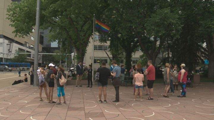 The Pride flag was raised at Edmonton City Hall Thursday, June 8, 2017.