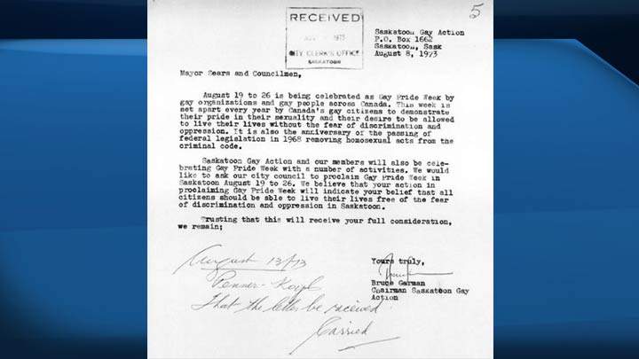 In a 1973 letter, Saskatoon Gay Action chairman Bruce Garman requests a city council proclamation.