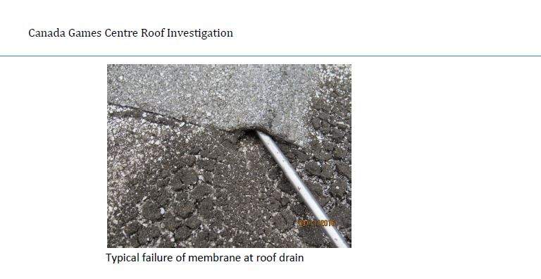 A photo from the Canada Games Centre Roof Investigation report found in the online tender documents