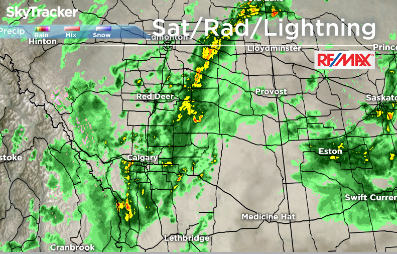 Satellite imagery shows thunderstorm activity in southern and central Alberta Tuesday, June 13, 2017.