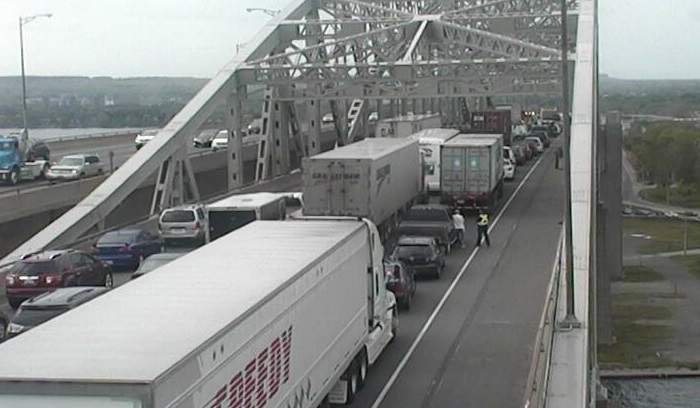 Major delays on the Burlington skyway due to a collision involving a motorcycle.