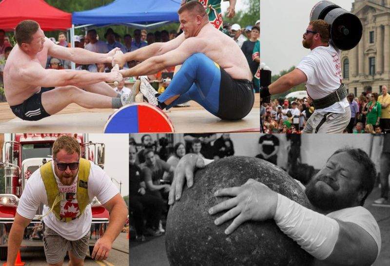 Competitors compete in Strongman Competitions. 